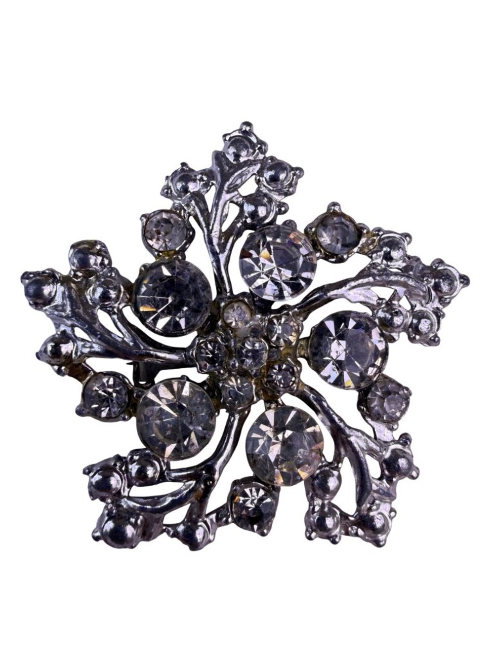 Vintage Silver Tone Womens Rhinestone Brooch Metal Clear Crystal Floral Design